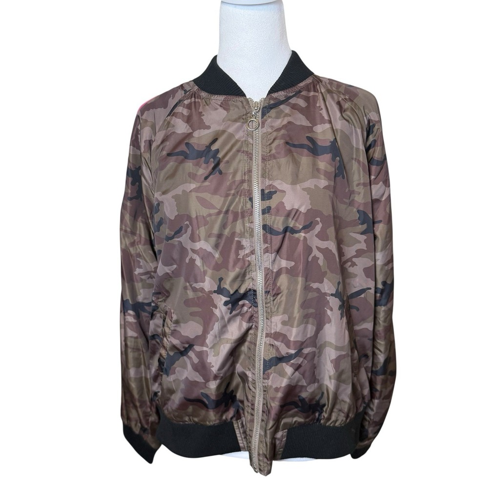 NWT Honey Punch Women's Camouflage Camo Bomber Jacket Pink Side Stripe Large